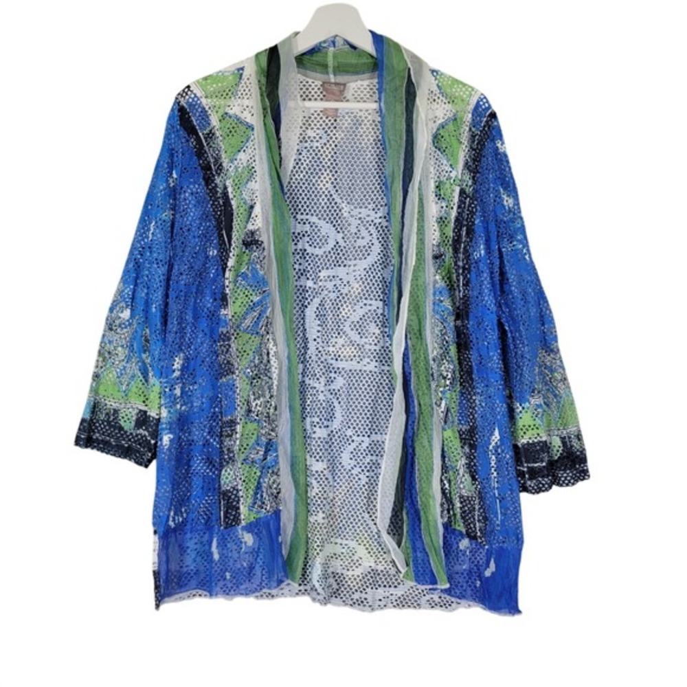 Chico's Open Front Cardigan Women Size 0 Blue Green Mesh Geometric Art To Wear